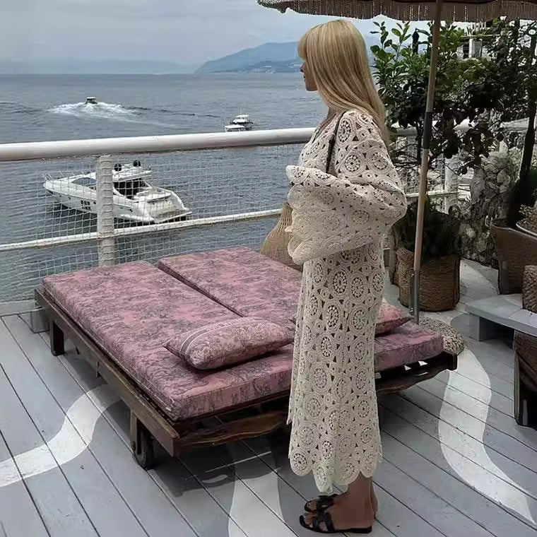Women's airy crochet dress with wide sleeves, size