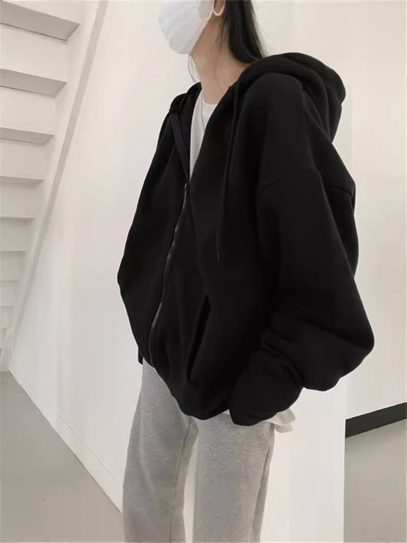 GR Zip-up Oversized Solid Pocket Hooded Long Sleeve Loose Baseball Jacket