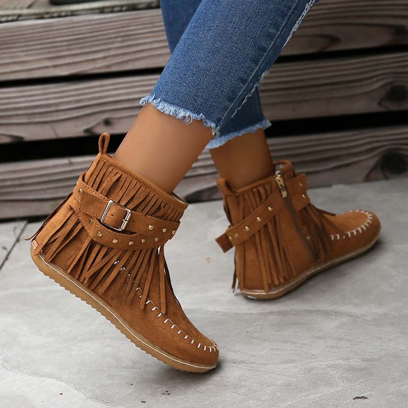 GR | Boho ankle boots with fringes and buckles for women