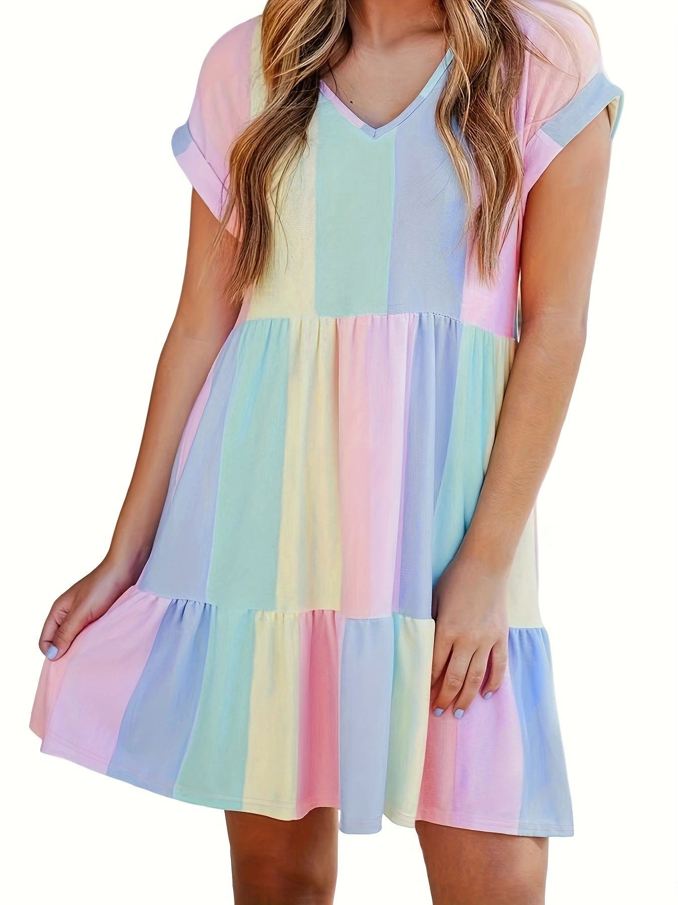 Damen Freizeitkleid mit farbenfrohem Streifenmuster und fließendem Design GR