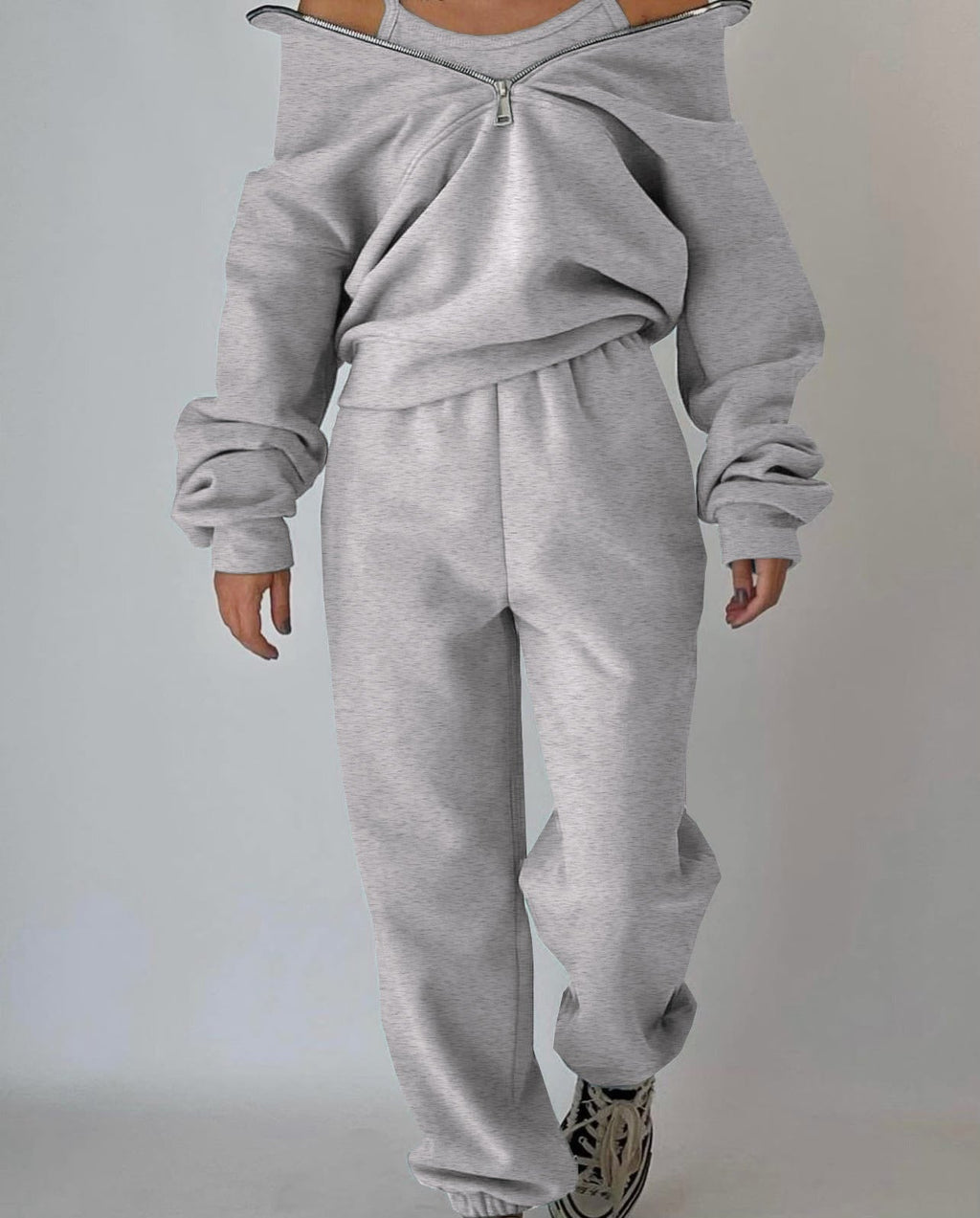Damen lässiger Oversized-Hoodie und Jogginghose Set mit praktischem Reißverschluss GR