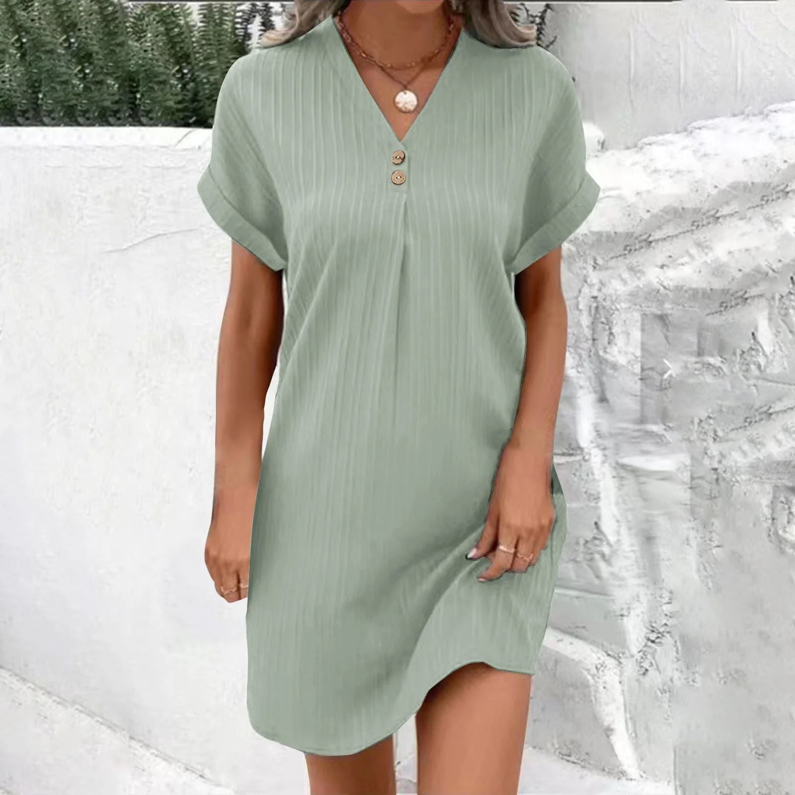 Damen Kurzarm Kleid mit Knopfleiste und feinem Längsstreifenmuster GR