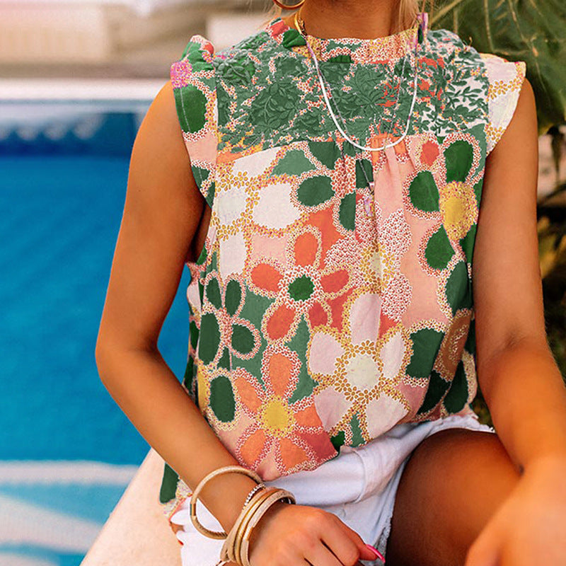 Women's airy blouse shirt with floral pattern and ruffle details, size