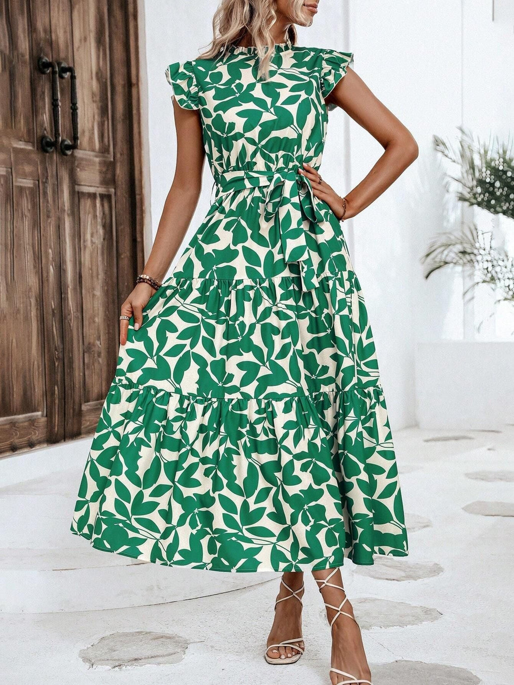 Damen lässiges Midi-Kleid mit Rüschen und floralem Muster GR
