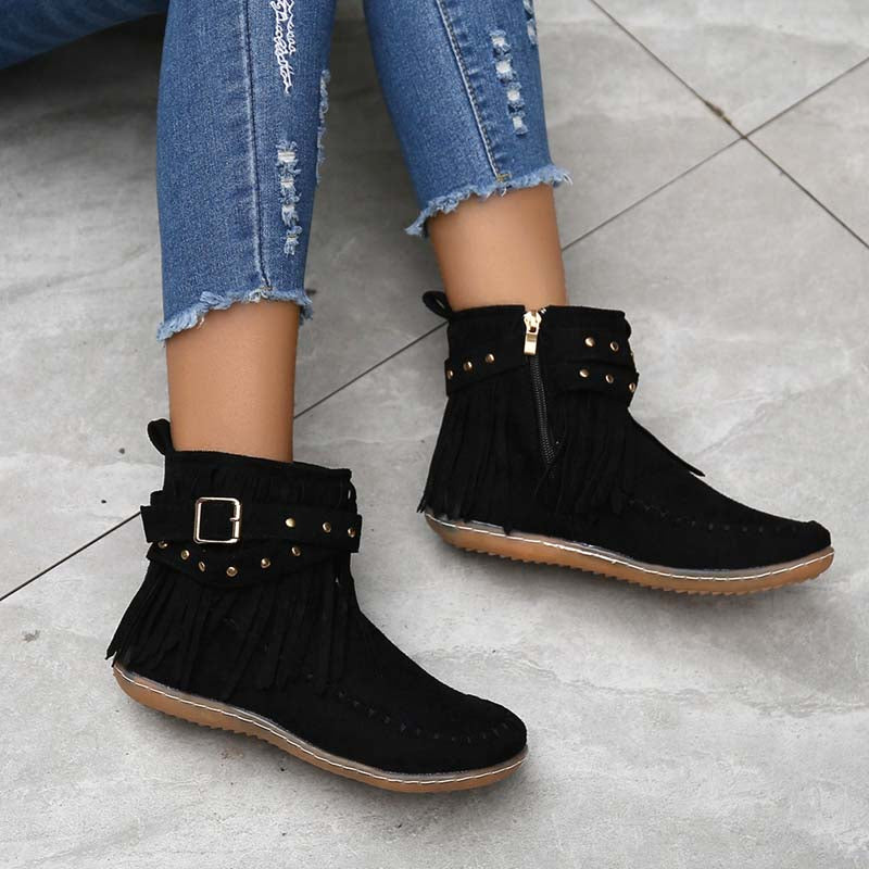 GR | Boho ankle boots with fringes and buckles for women