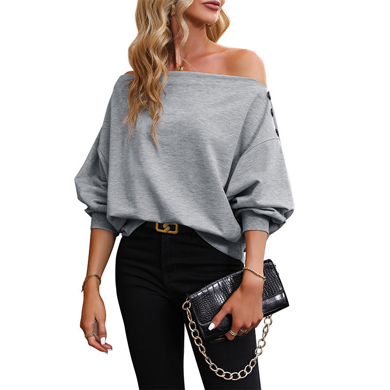 Women's casual one-shoulder pullover with striking button details, size