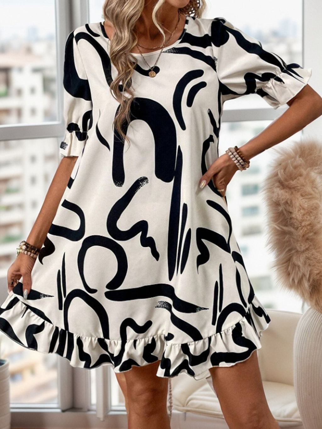 GR | Bedrucktes Rundhals Kurzarm Midi Kleid