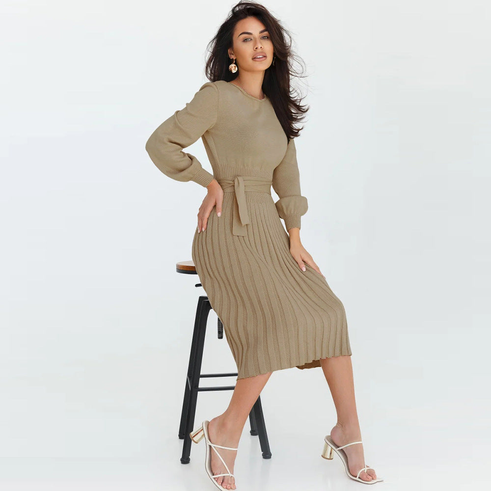 Damen Strickkleid mit taillierbarem Gürtel und langen Ärmeln GR