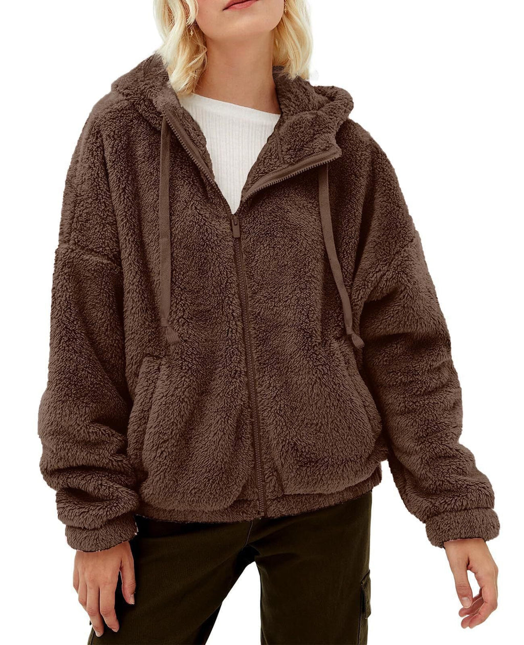 Damen Flauschige Kapuzenjacke mit praktischen Taschen und Reisverschluss GR