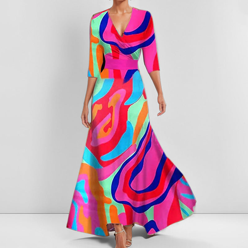 GR | Elegant V-neck printed waist dress with peplum
