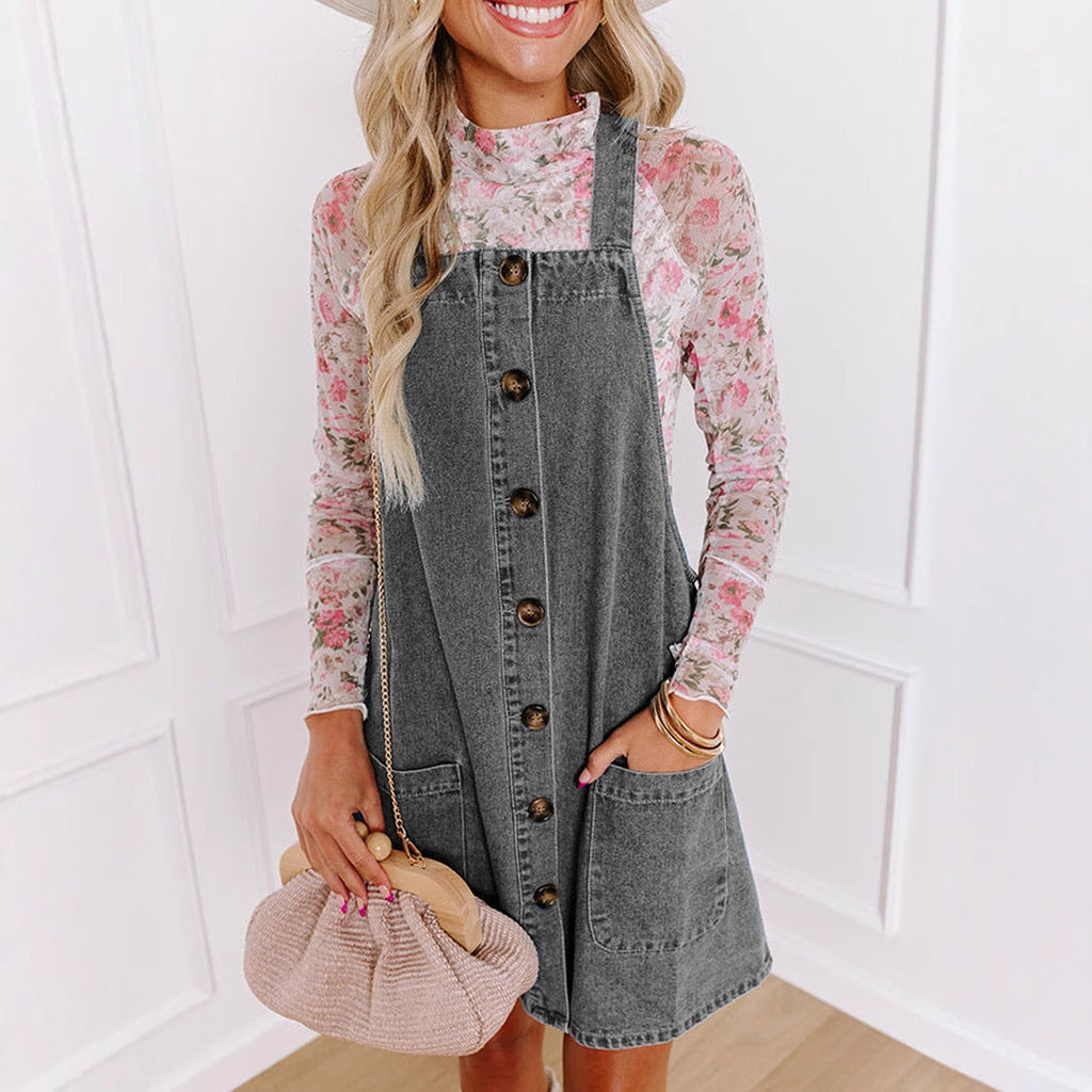 Damen Jeans-Latzkleid mit praktischen Taschen und Knopfdetails GR