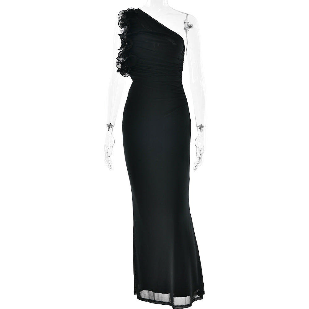 Damen Figurschmeichelndes Midi-Kleid mit asymmetrischem Ausschnitt und Rüschendetails GR