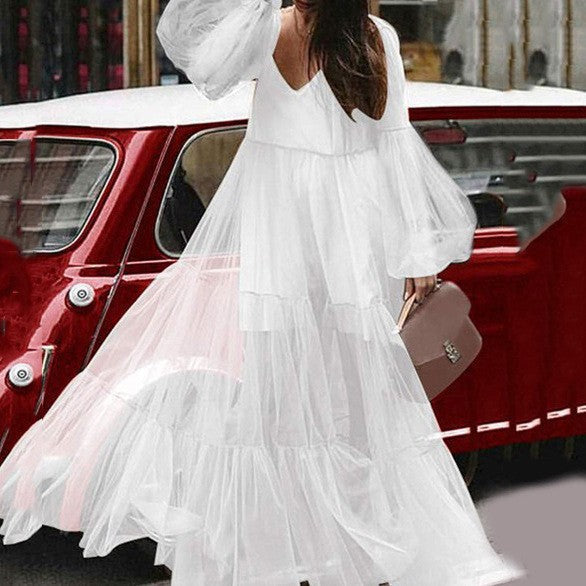 GR | Puff Sleeve Tulle Sheer Long Skirt Dress