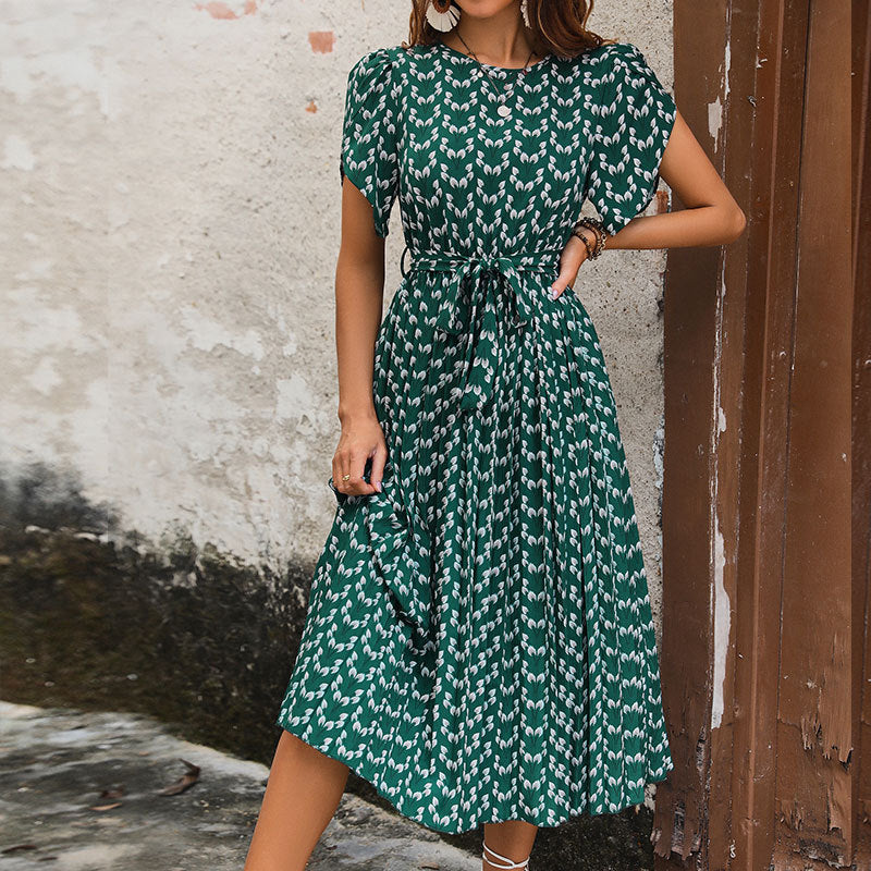 Women's midi dress with elegant ruffle details and tie-waist belt, size