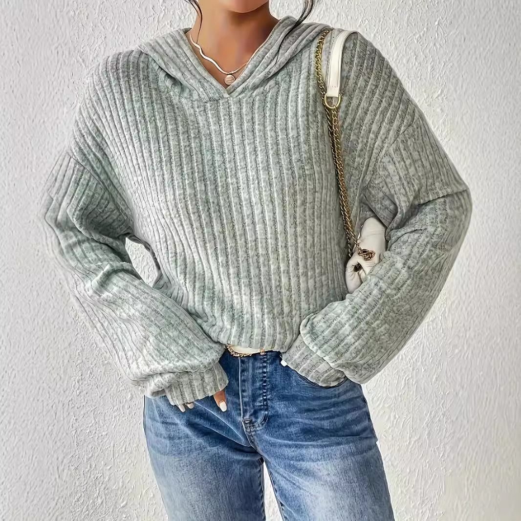 Damen lässiger Kapuzenpullover mit stilvollem Rippmuster und überschnittenen Ärmeln GR