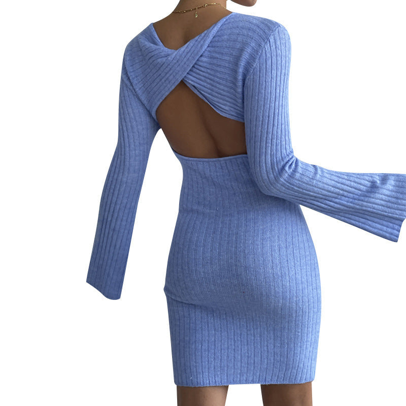 GR | Long-sleeved trumpet sleeve open back knit dress 