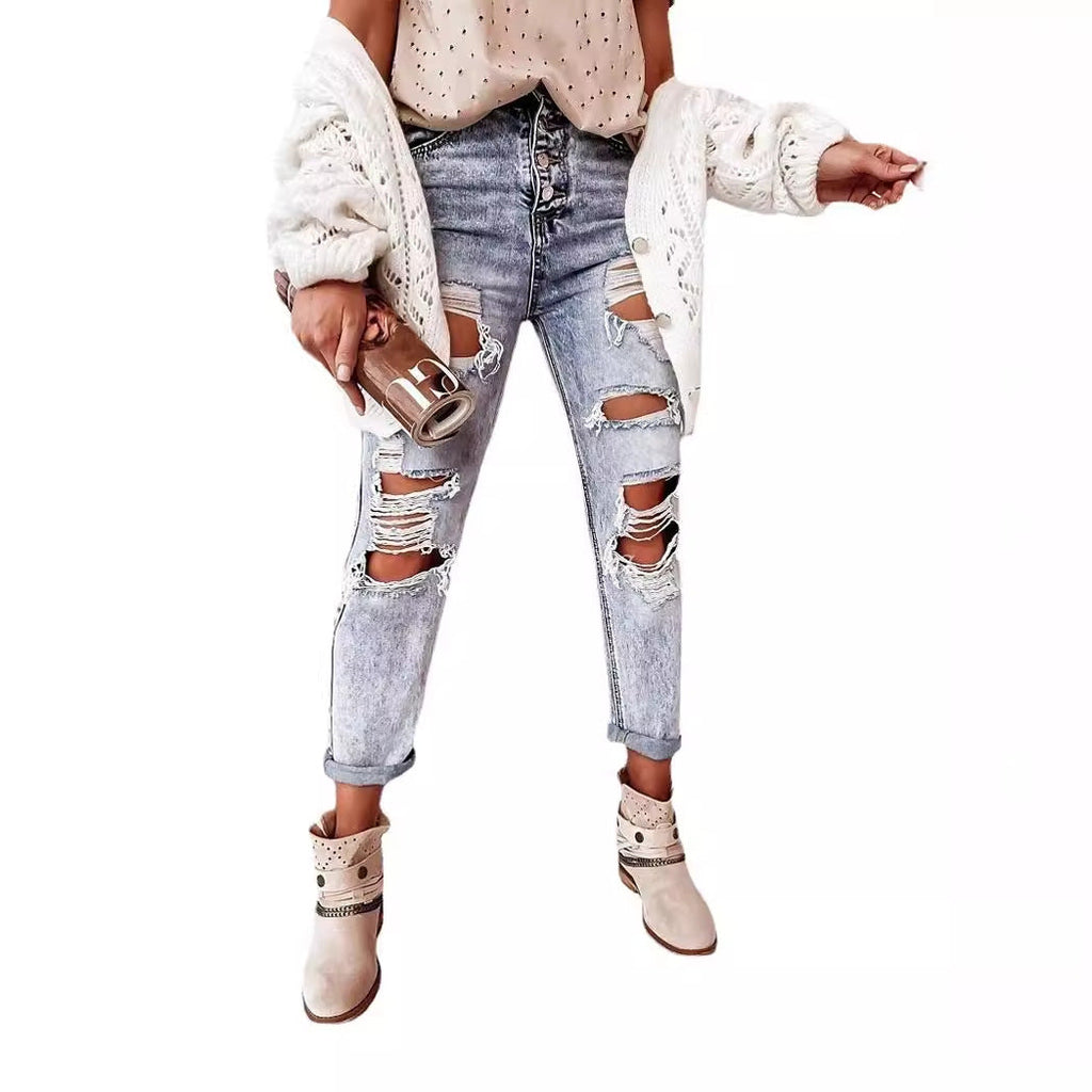 Damen Destroyed Boyfriend Jeans im lässigen Vintage-Stil mit hohem Bund GR