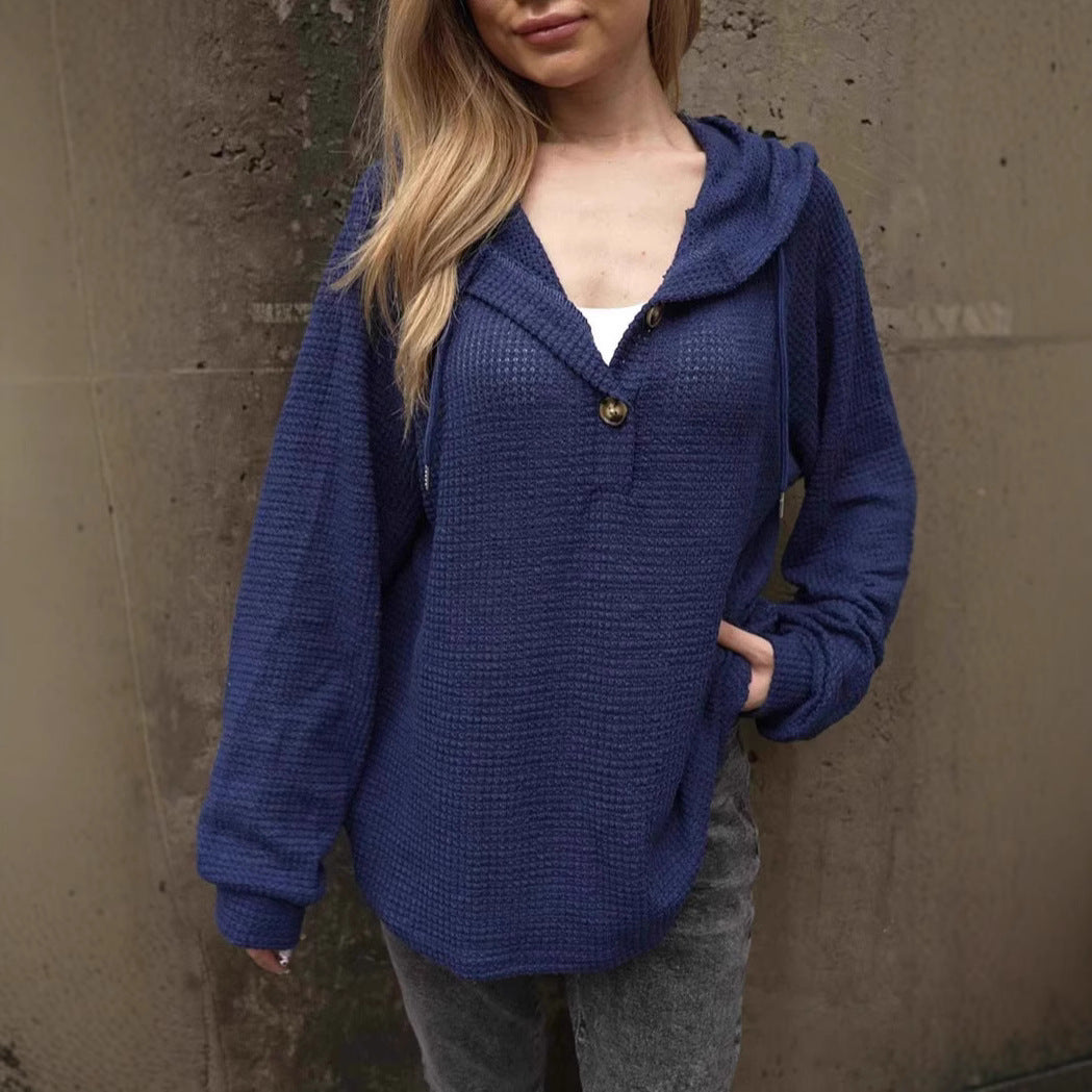 GR | Einfarbiger Knopf Zugband Lockere Lange Ärmel Hoodie