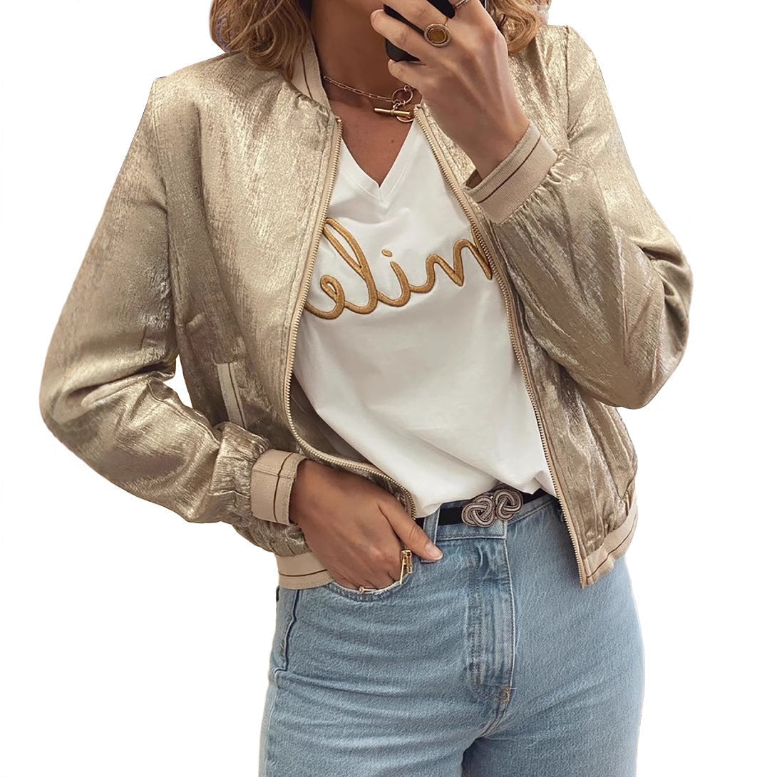 Women's shiny bomber jacket with trendy ribbed details and practical pockets, size S