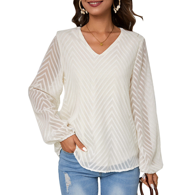 Women's blouse with elegant V-neck and transparent sleeve appliqués, size S