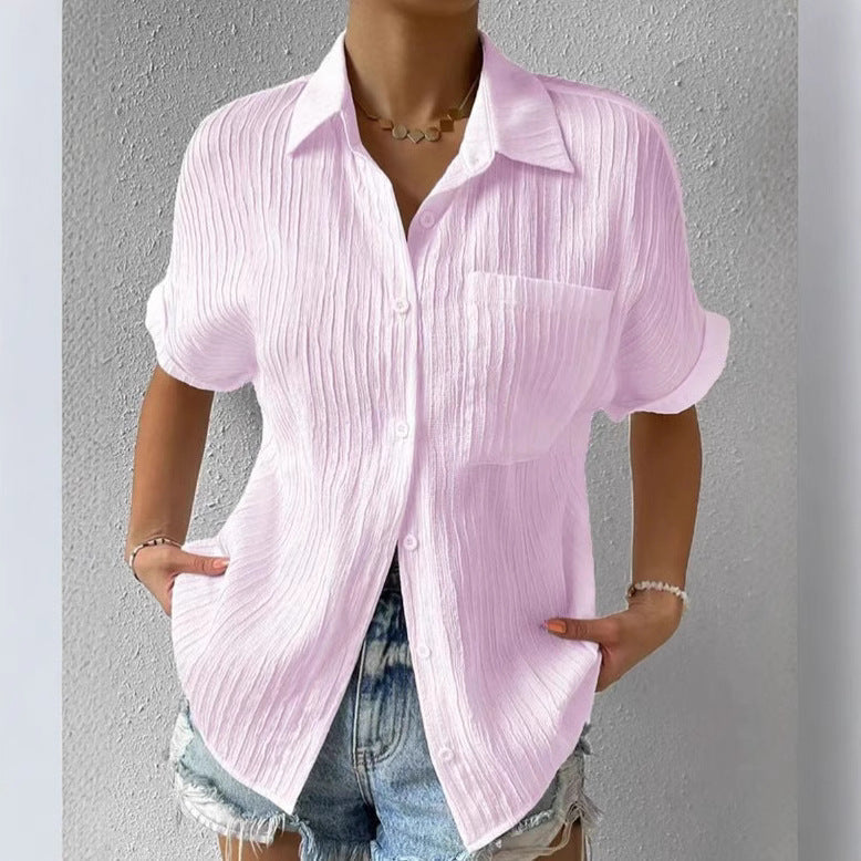 Women's short-sleeved shirt blouse with textured outer material, size S