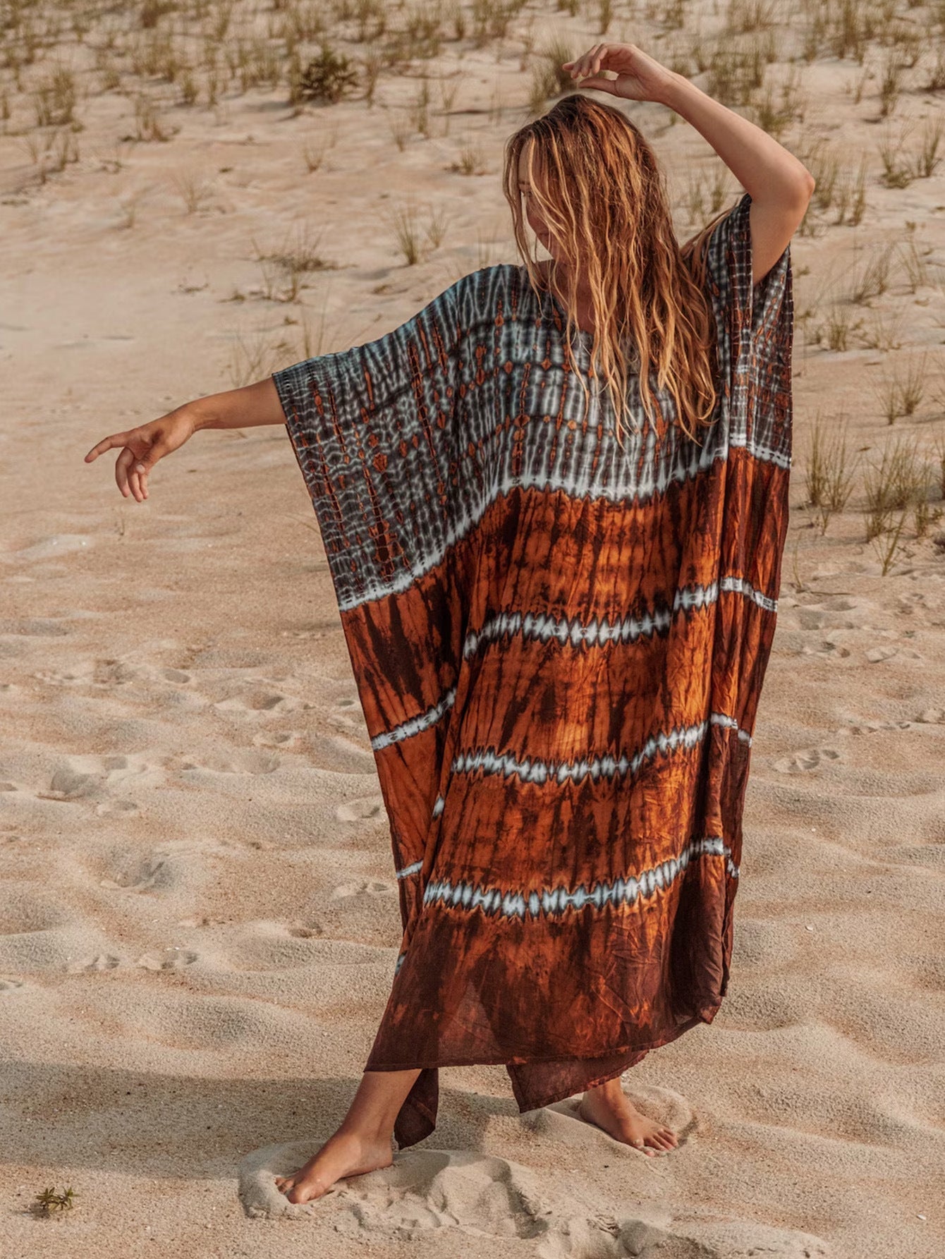 Women's beach kaftan with unique batik design and relaxed fit, size S