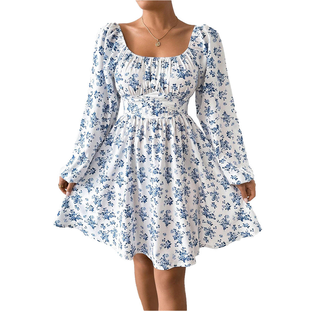Damen luftiger Blumenkleid mit eleganter Raffung und langen Ärmeln GR