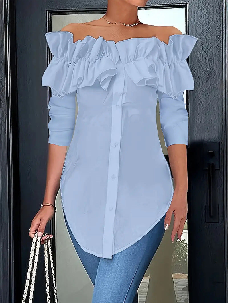 Women's blouse with off-the-shoulder design and voluminous ruffle details, size [size missing]