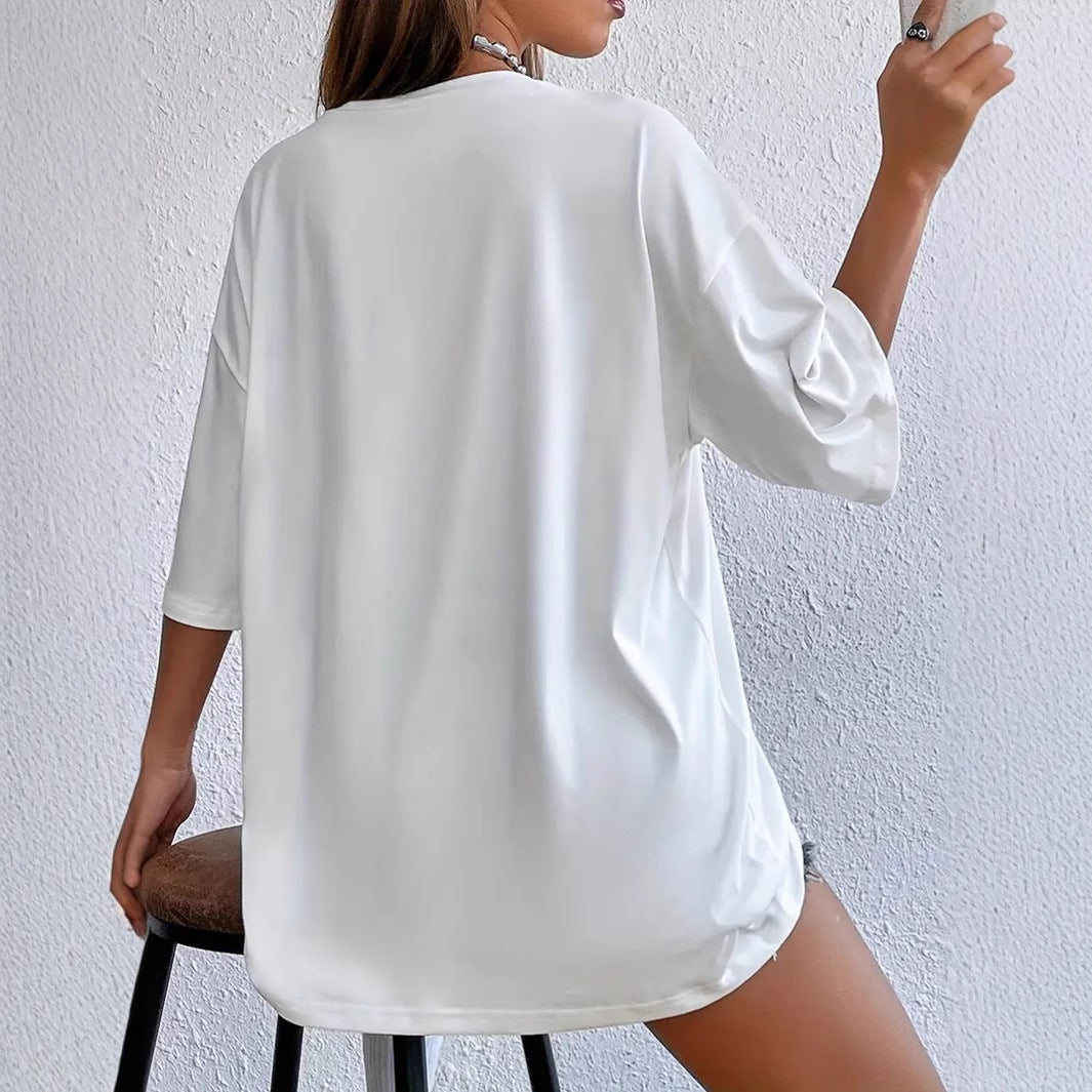 GR | White Loose Short Sleeve Crew Neck Polyester T-Shirt