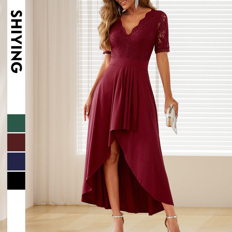 Women's elegant evening dress with deep V-neck and gathered hem, size S