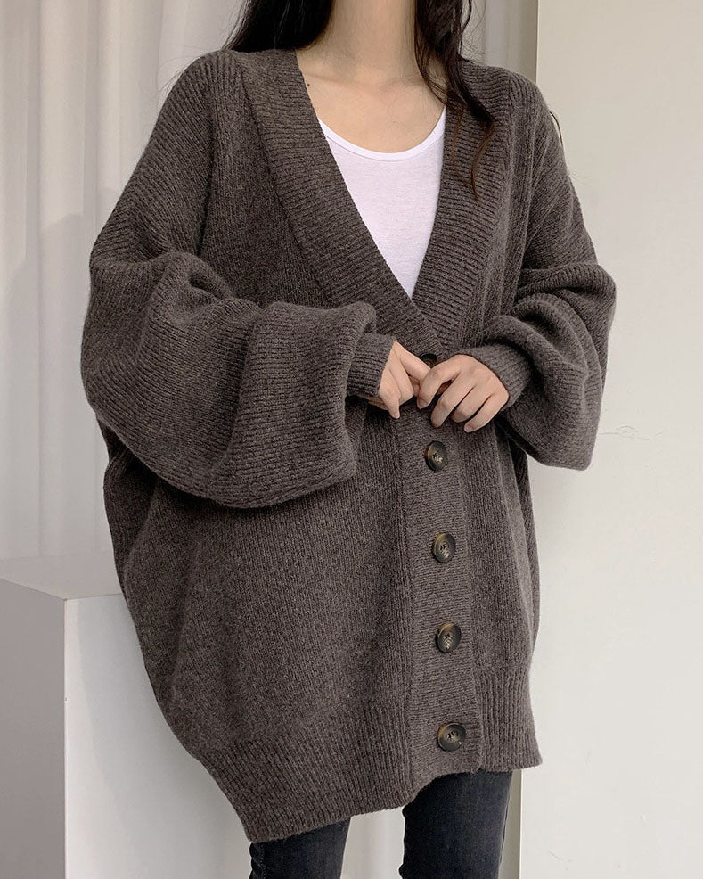 GR V-neck single-breasted loose lantern sleeve knit cardigan