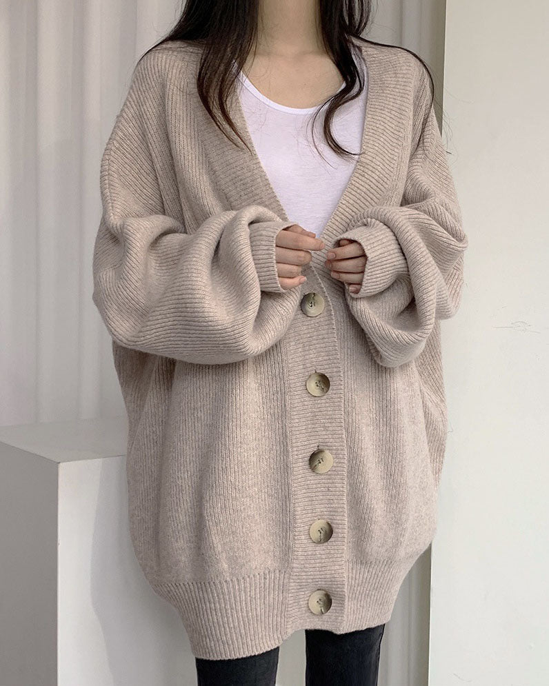 GR V-neck single-breasted loose lantern sleeve knit cardigan