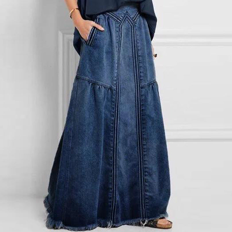 GR | Damenweite Schößchen Genähte Denim Maxirock