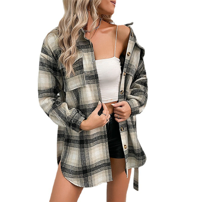 Damen lässige Overshirt-Jacke im Karo-Design mit knöpfbarer Front GR