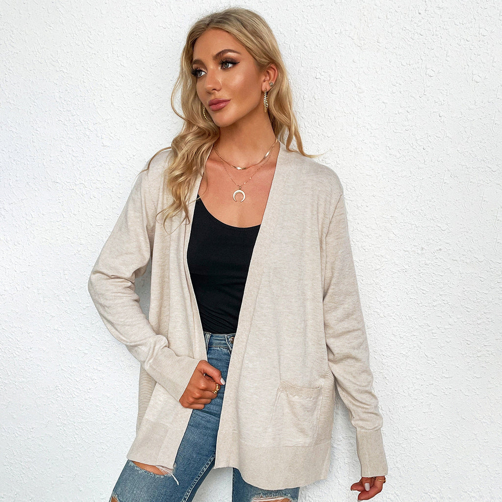 Damen lässiger Strickcardigan mit tiefem V-Ausschnitt und praktischen Taschen GR