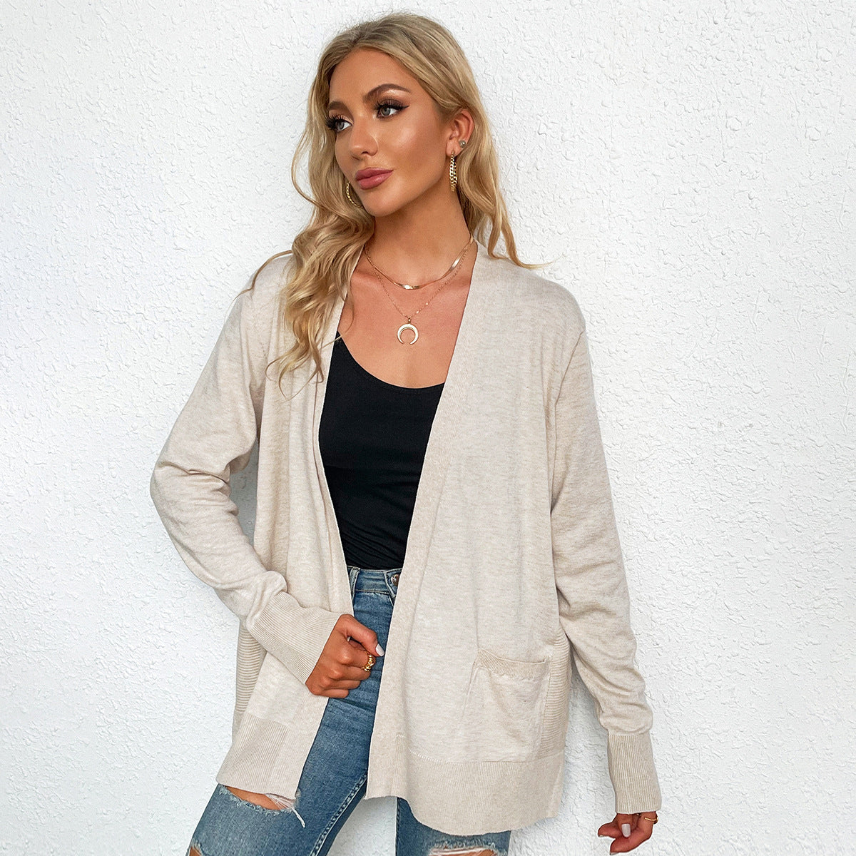 Damen lässiger Strickcardigan mit tiefem V-Ausschnitt und praktischen Taschen GR