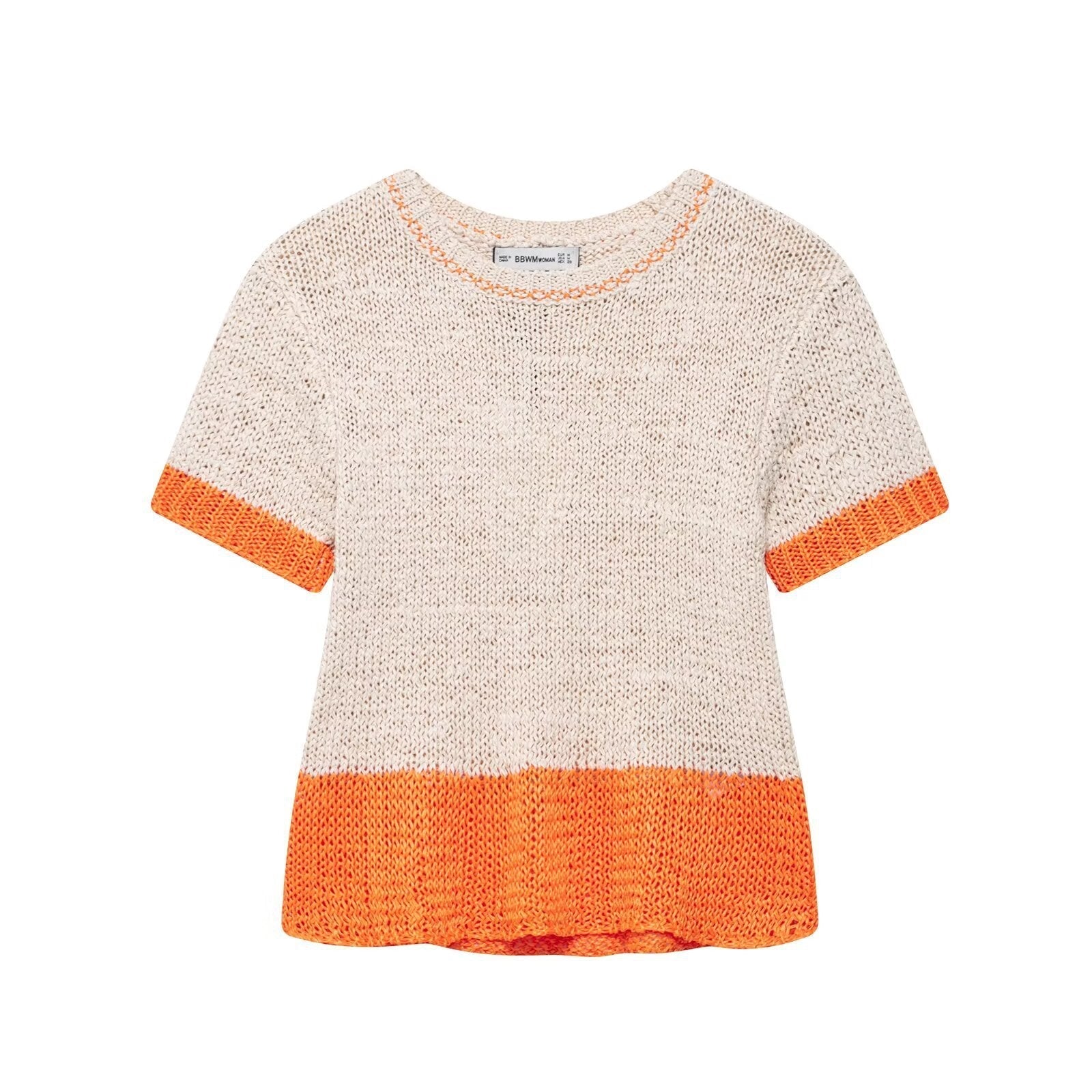 Women's knit top with contrasting color accents and a relaxed fit, size S