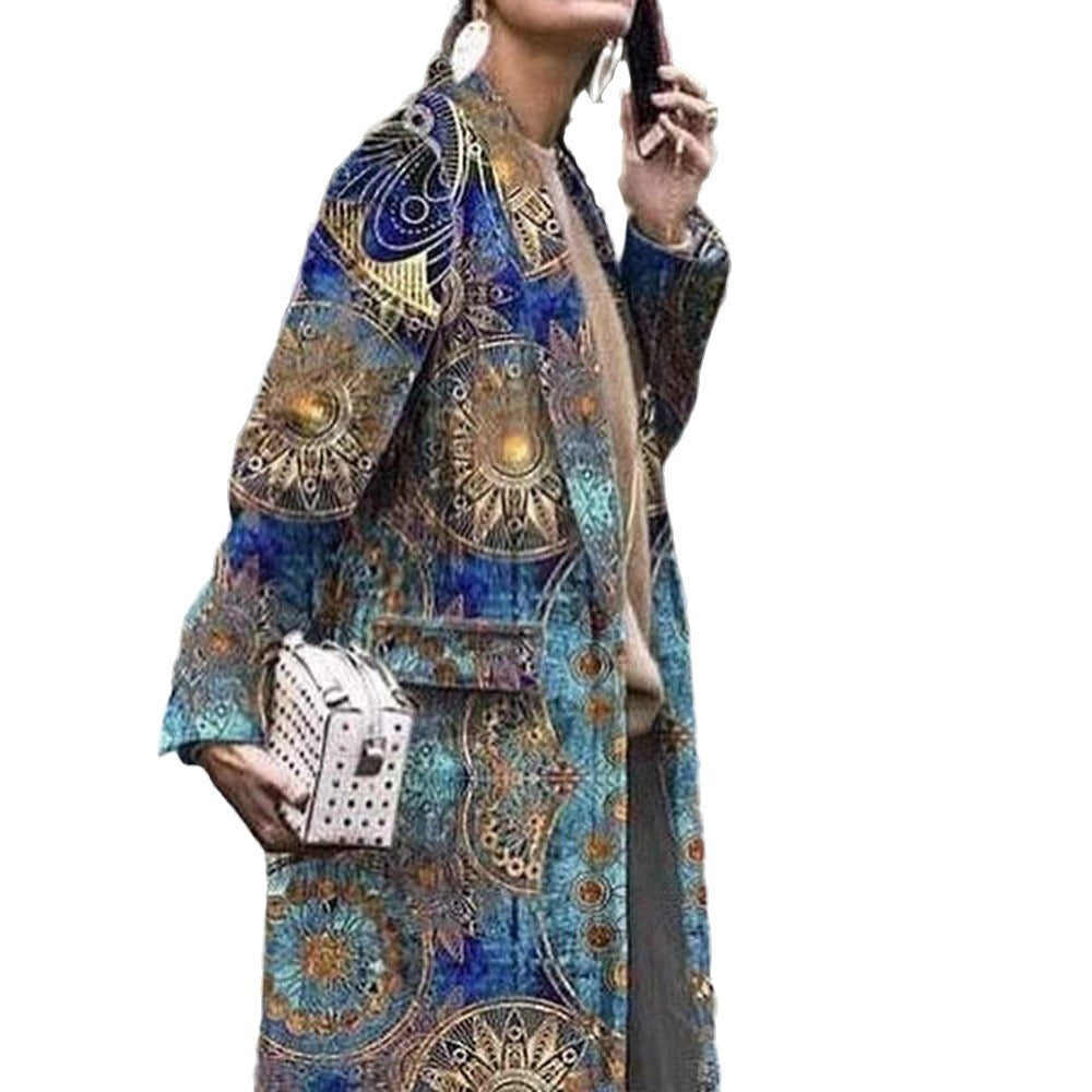 Women's decorative coat with art print and deep collar, size