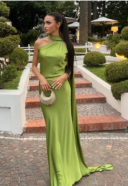 Women's elegant evening dress with a one-sided cape and sophisticated draping, size GR
