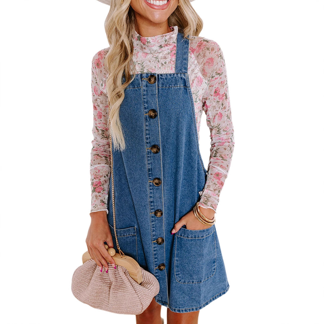 Damen Jeans-Latzkleid mit praktischen Taschen und Knopfdetails GR