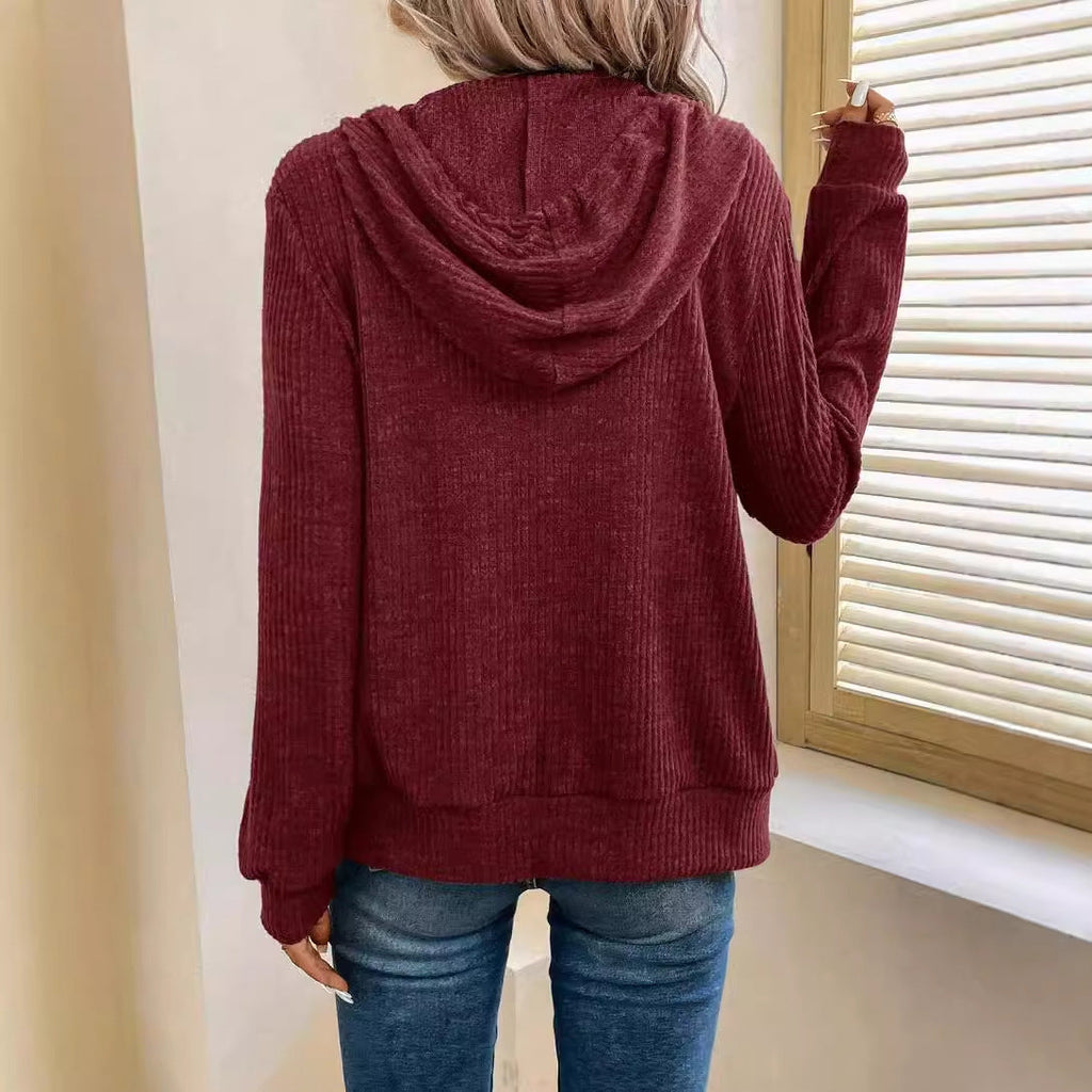 Damen gemütliche Kapuzenjacke im stylischen Rippstrickdesign GR