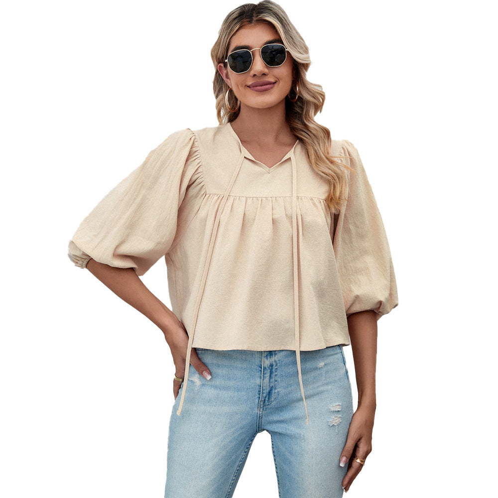 Damen Blusenshirt mit eleganten Puffärmeln und schickem Kordelzug GR