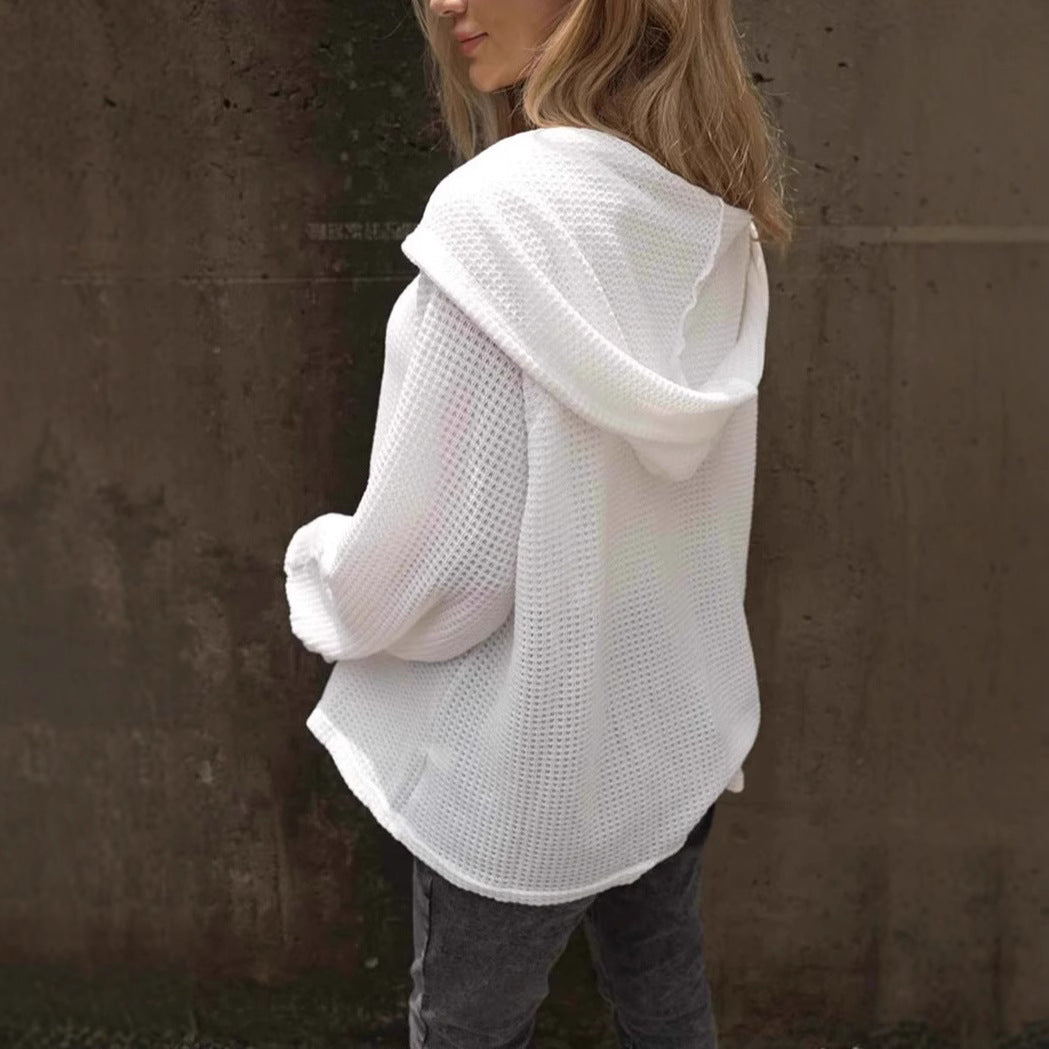 GR | Einfarbiger Knopf Zugband Lockere Lange Ärmel Hoodie