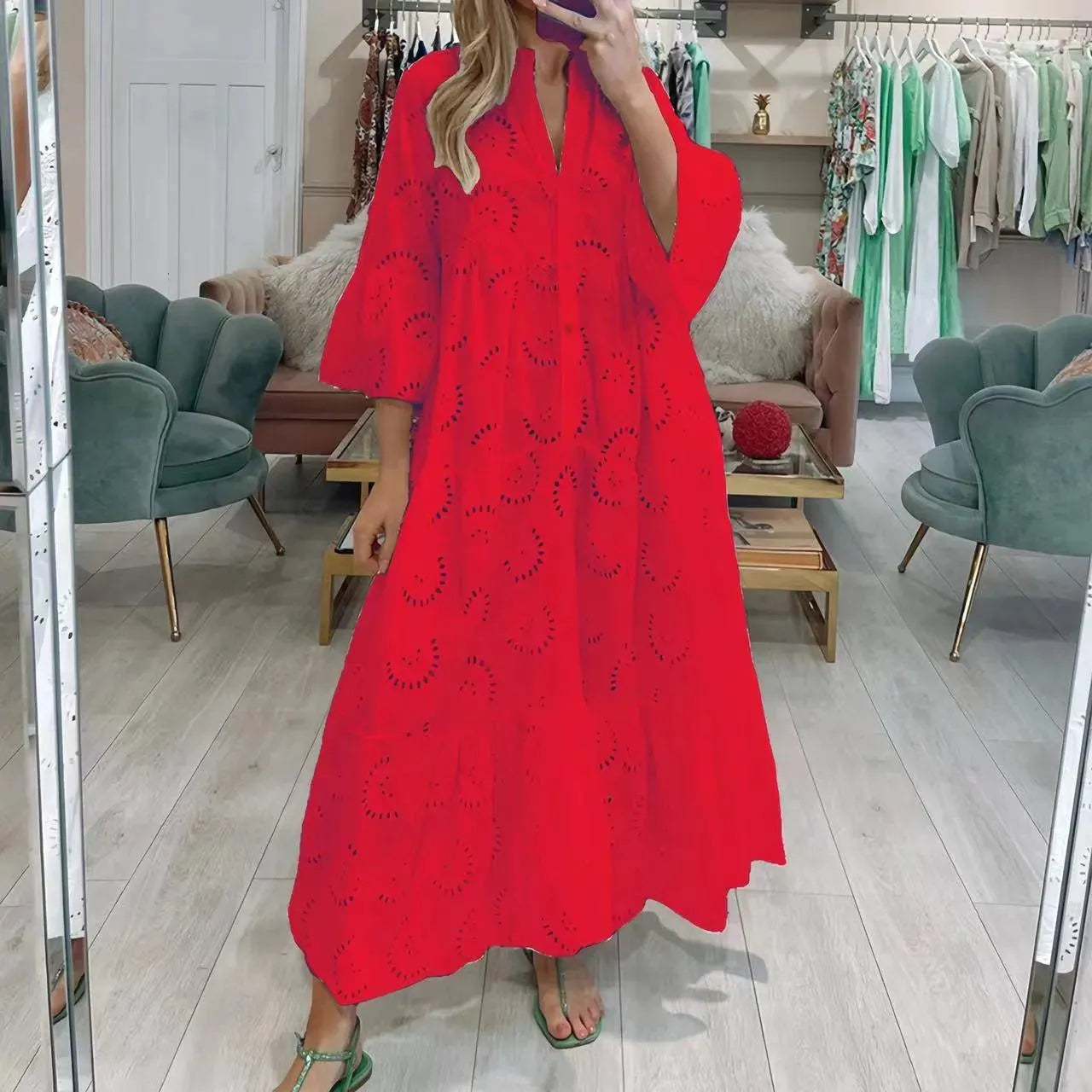 GR | Women's full-length V-neck dress in French style
