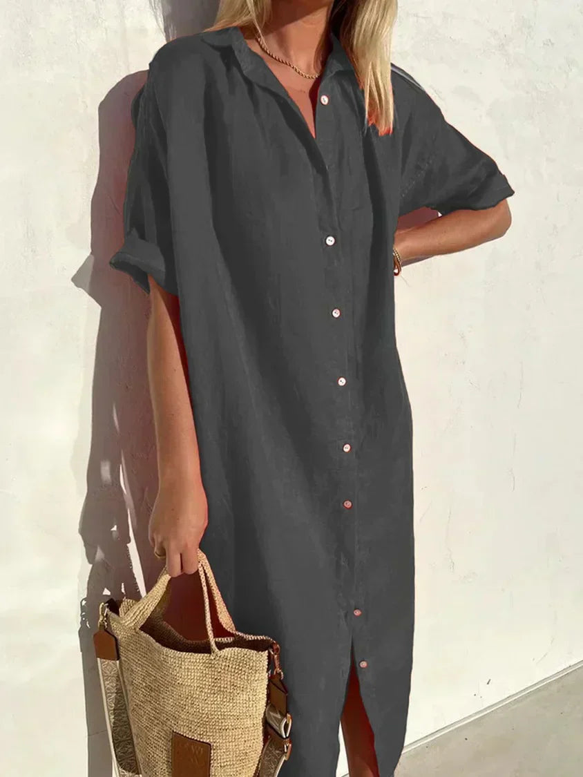 GR | Knopfkleid mit Weitem Ausschnitt und Schmalen Ärmeln, Elegant und Locker, für Frauen Baumwoll- und Leinenkleider