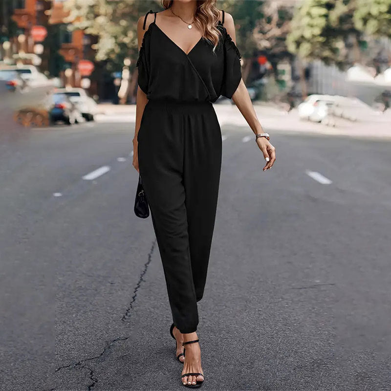 Women's elegant jumpsuit with ruffle details and practical elastic waistband, size [size missing]