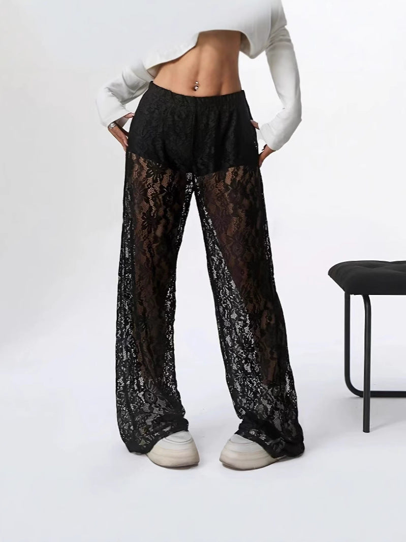 Women's elegant lace trousers with a wide cut and elasticated waistband, size