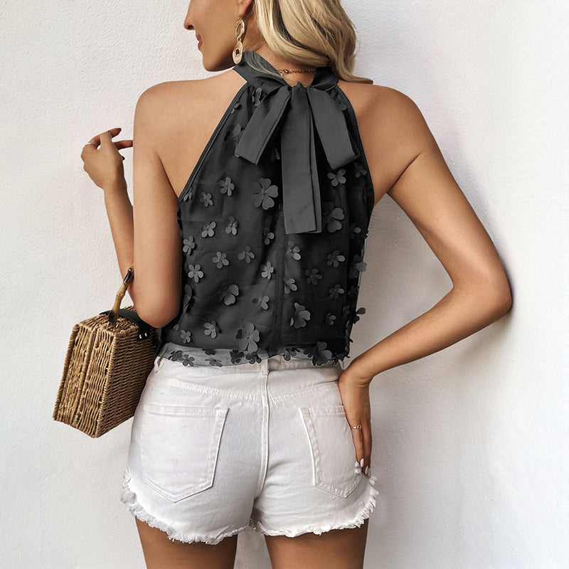 Damen blumenverzierte Chiffon Bluse mit hochgeschlossenem Kragen GR