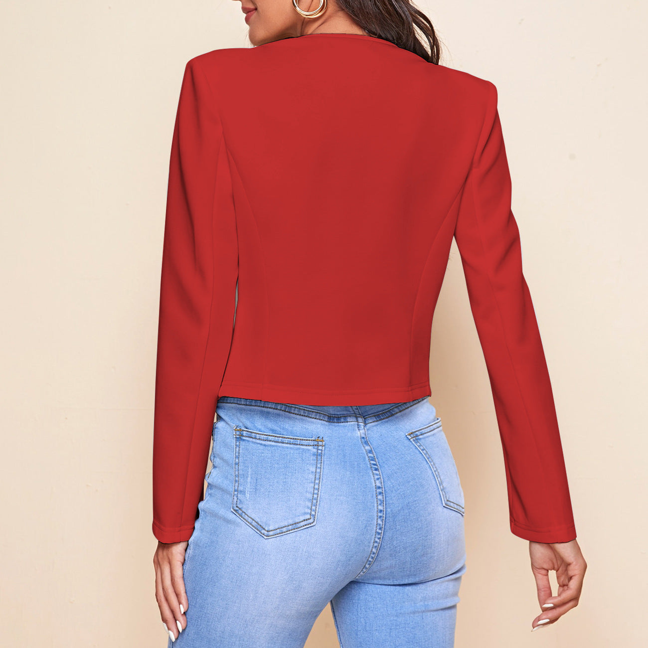 GR | Plain color, long-sleeved, open-front jacket
