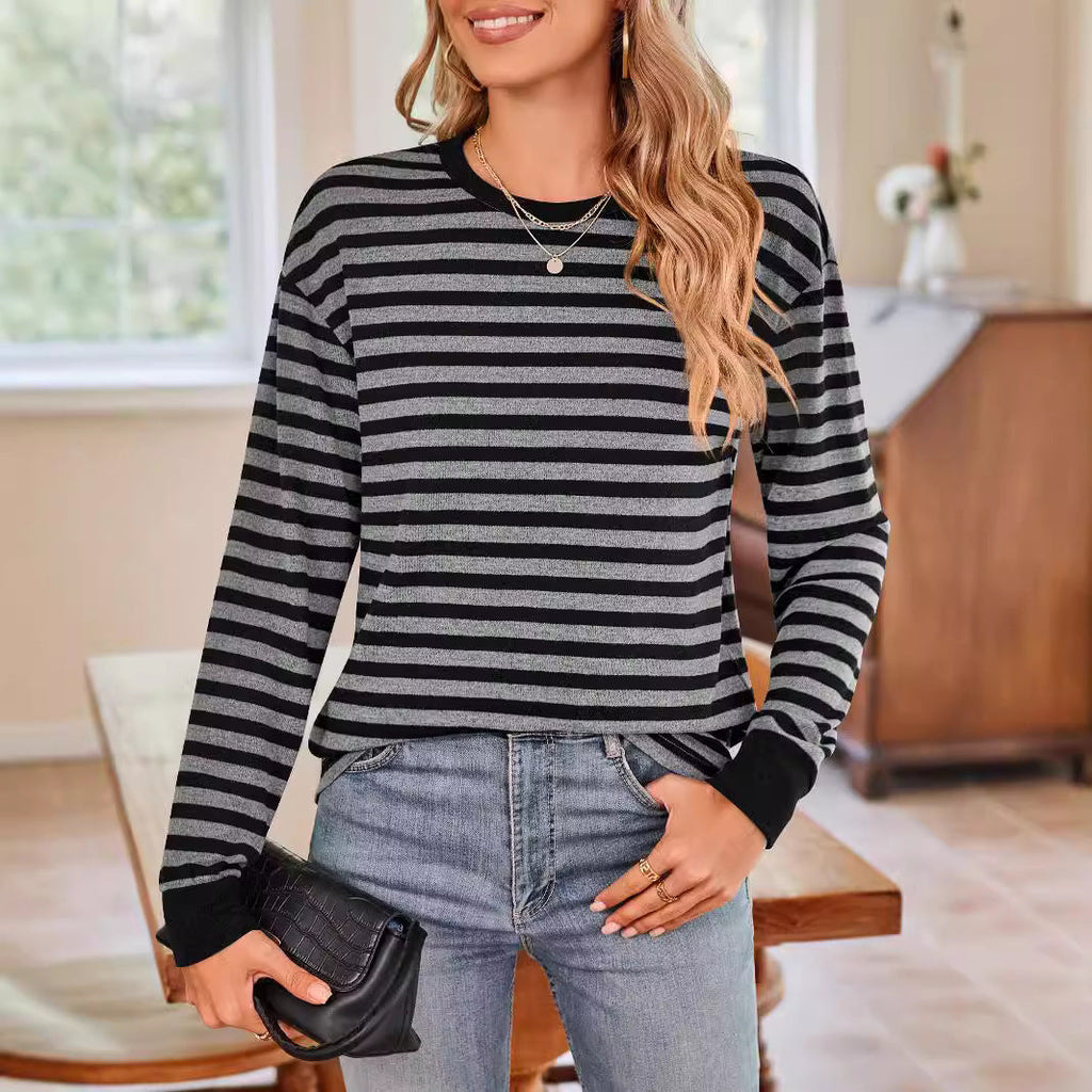 Women's comfortable long-sleeved shirt with striped design and round neckline, size